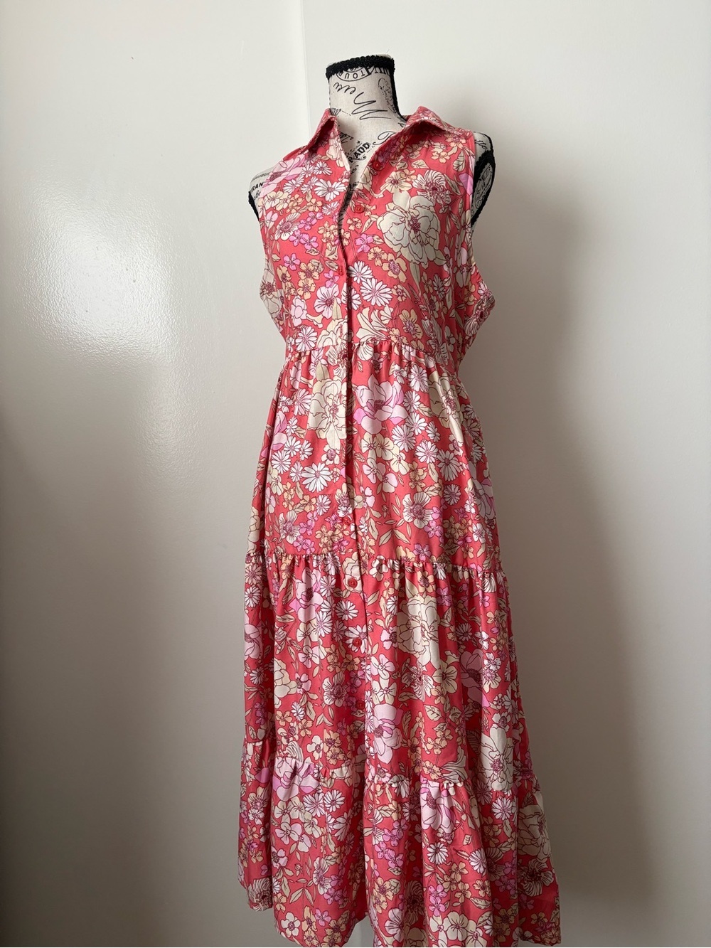 Sleeveless Coral Floral Button-Front Maxi Dress